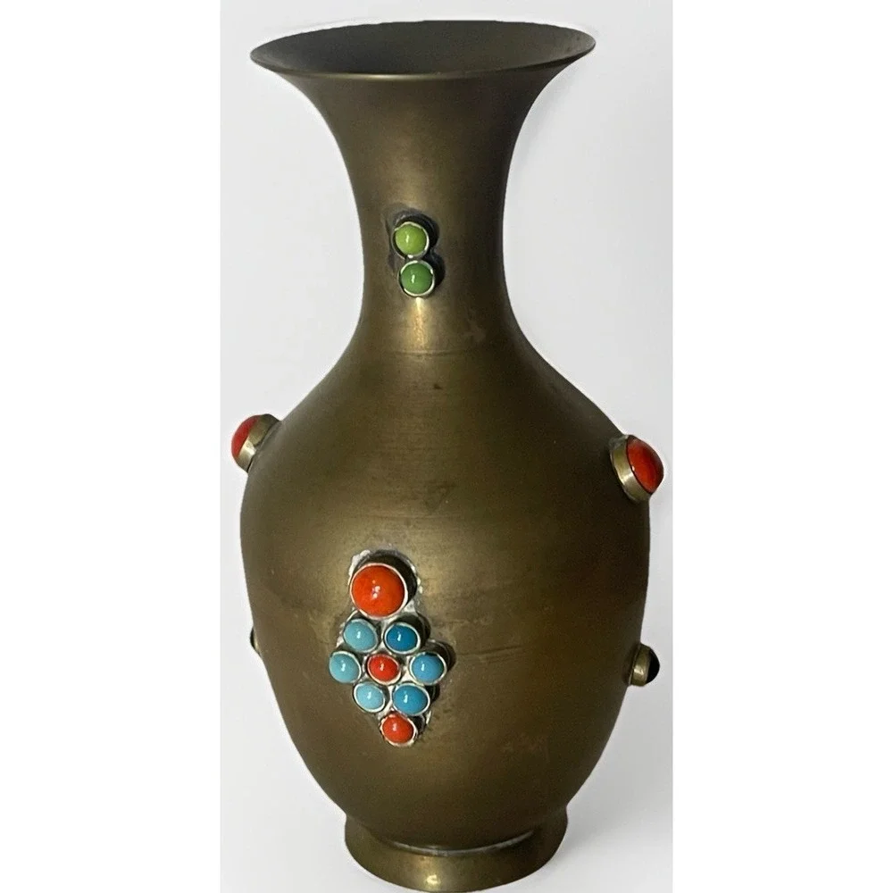 Vintage India Brass Vase with Colorful Semi-Precious Stone Inlay‎